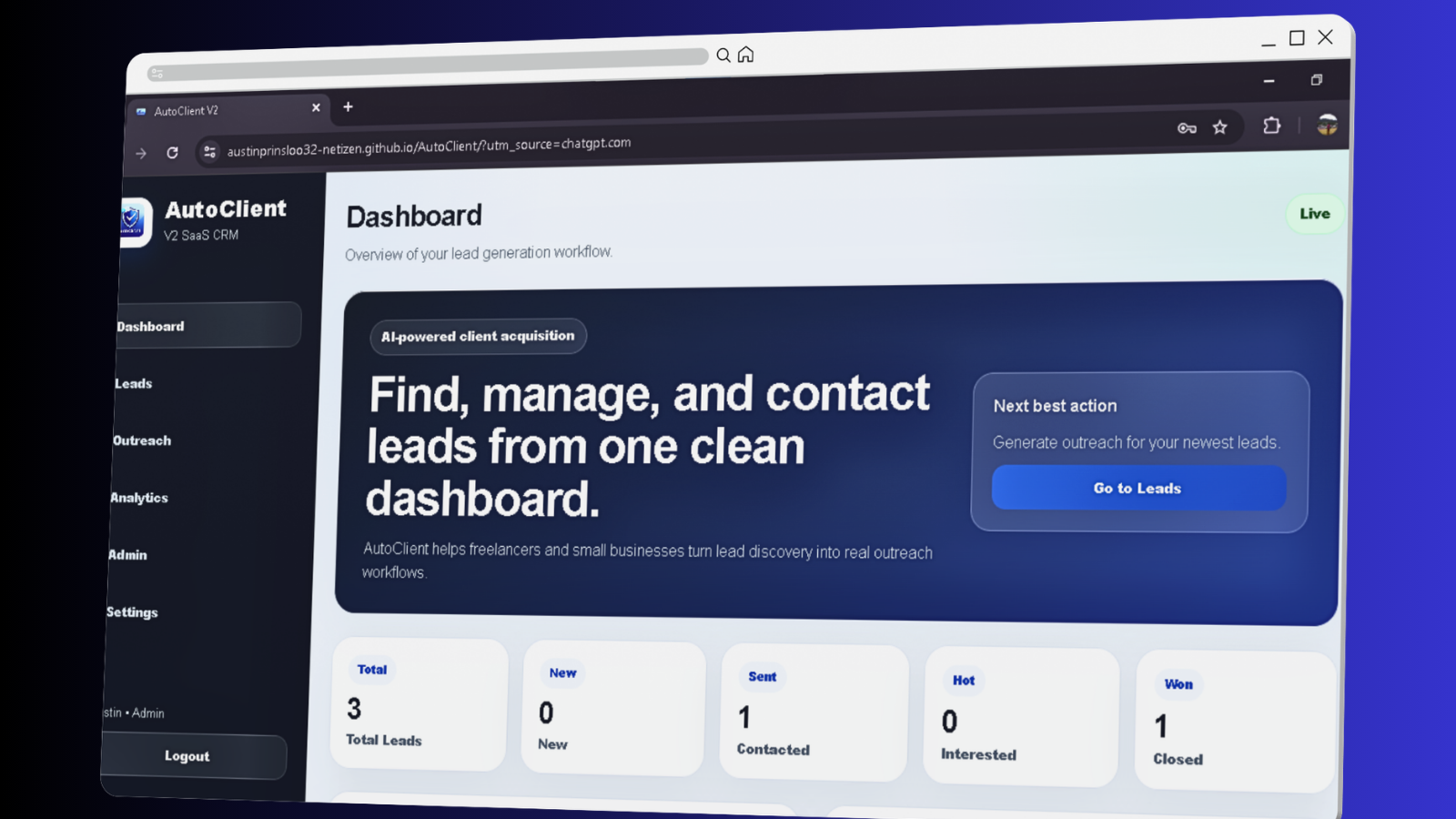 AutoClient V2 SaaS CRM dashboard screenshot